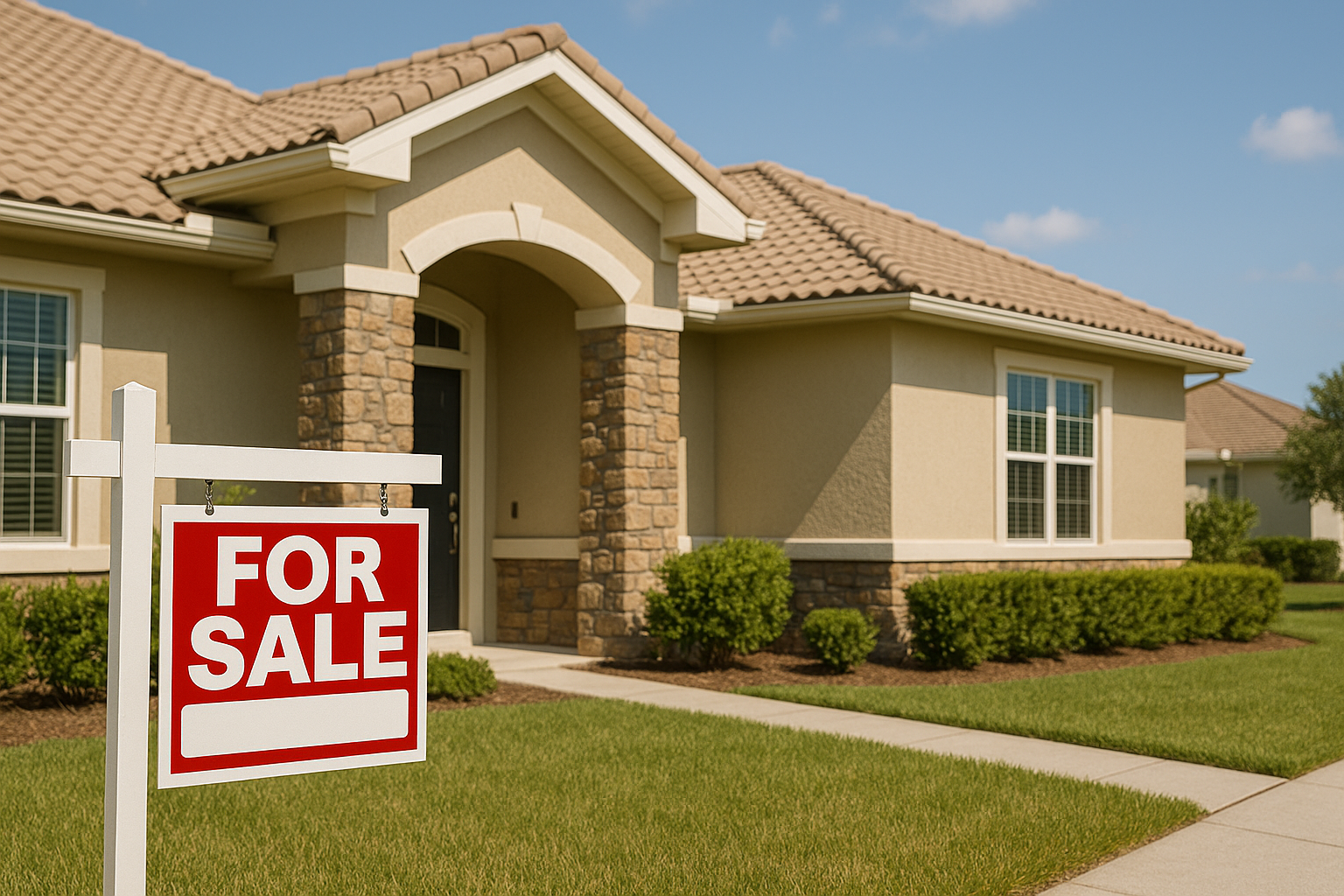 Single-story Florida-style home with ‘For Sale’ sign, representing relocation to The Villages FL.