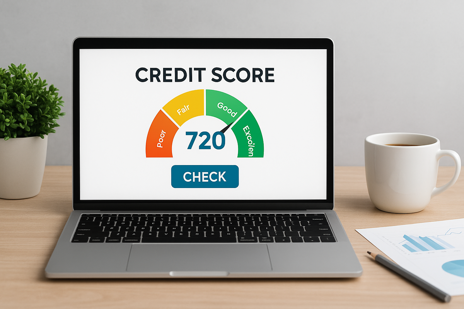 Laptop on desk displaying a credit score gauge with financial papers, plant, and coffee mug — symbolizing preparing credit before buying a Florida home.