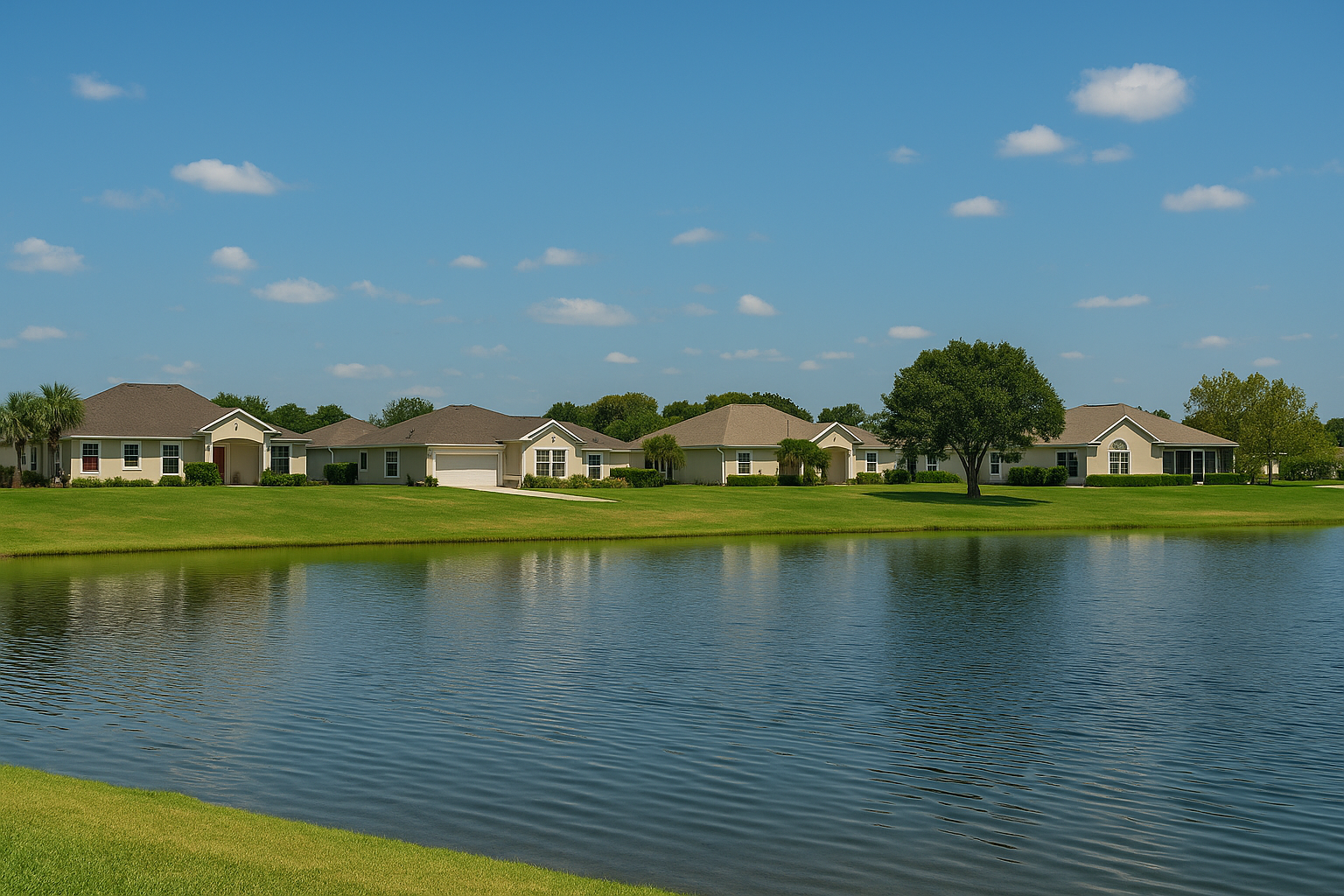 Illustration of a suburban-style Florida neighborhood with pond, homes, and blue sky for Fruitland Park real estate section Illustration of a suburban-style Florida neighborhood with pond, homes, and blue sky for Fruitland Park real estate section