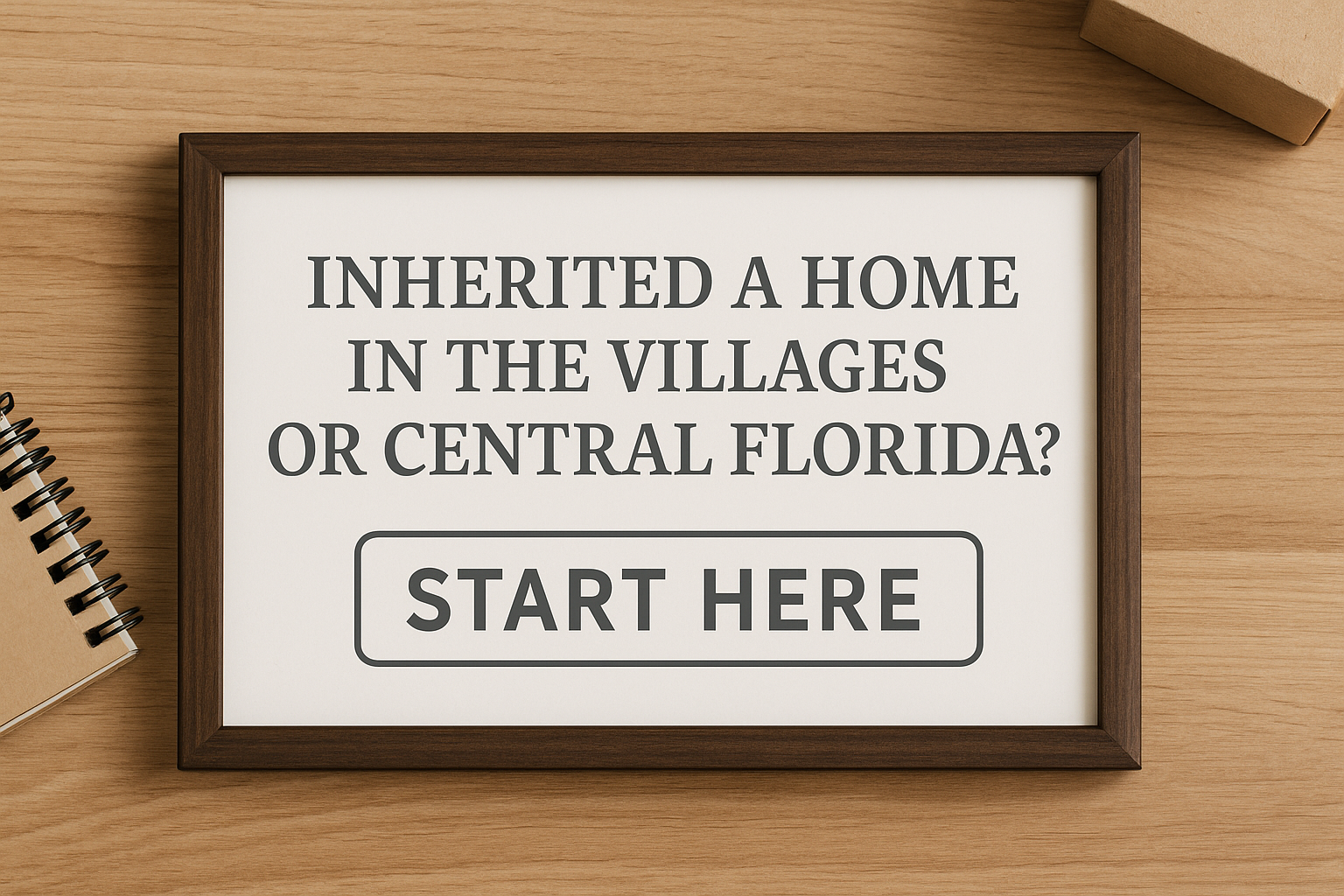 A wooden desk flat-lay with a framed sign, representing guidance for navigating an inherited home in The Villages and Central Florida.