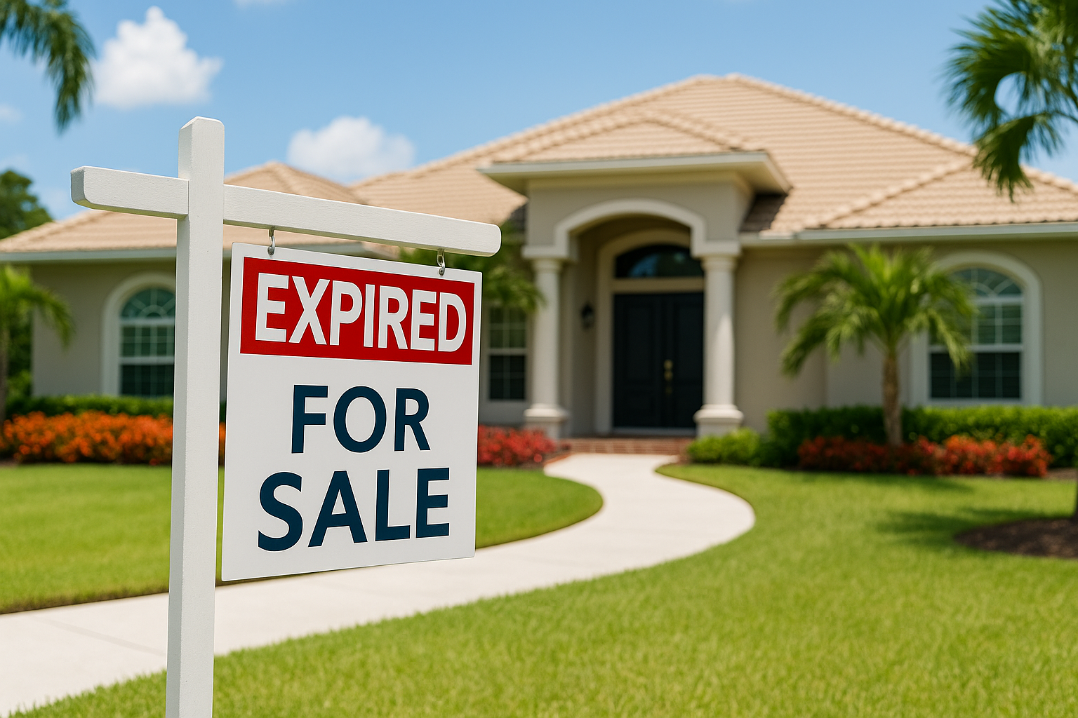 Illustration of a house with a bold red “Expired” sign across it, symbolizing an unsold real estate listing.