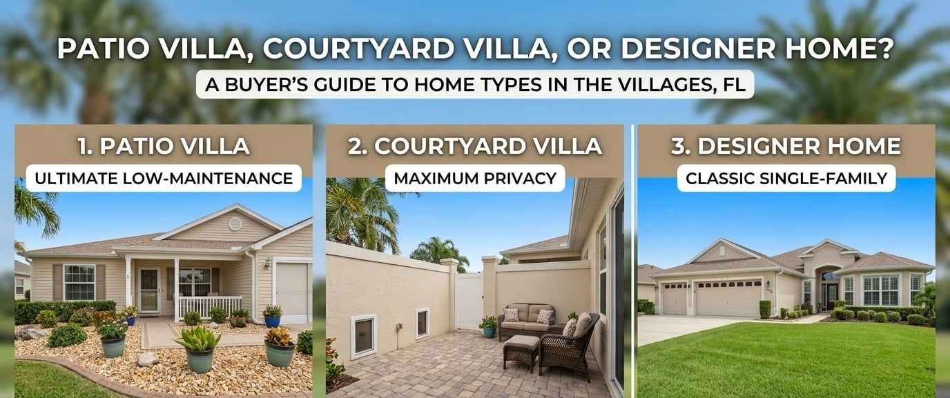 Side-by-side comparison of a Patio Villa, Courtyard Villa, and Designer Home in The Villages, Florida.